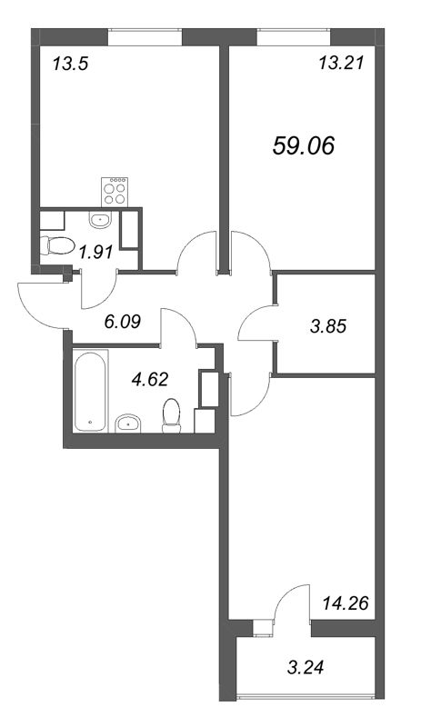 2-комнатная квартира, 59.06 м² в ЖК "Кинопарк" - планировка, фото №1