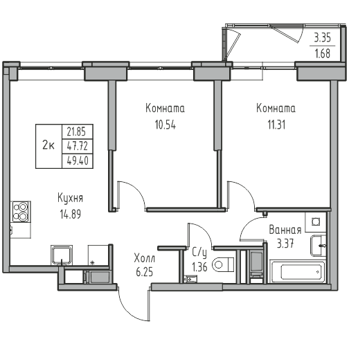 2-комнатная квартира, 49.4 м² в ЖК "Юнтолово" - планировка, фото №1