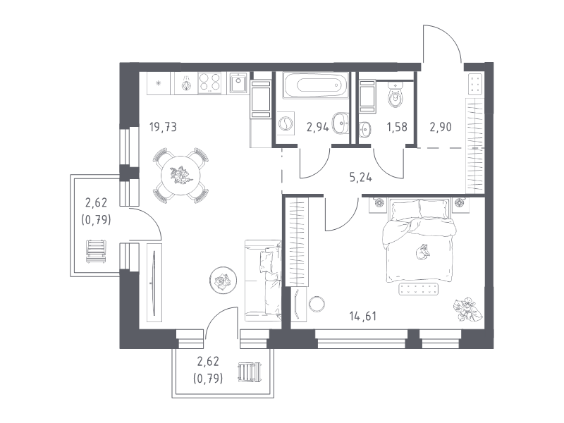 2-комнатная (Евро) квартира, 48.58 м² в ЖК "Новое Колпино" - планировка, фото №1