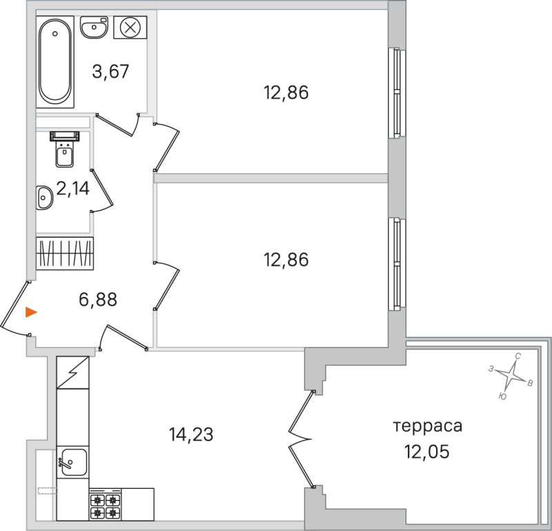 2-комнатная квартира, 52.64 м² в ЖК "Дубровский" - планировка, фото №1