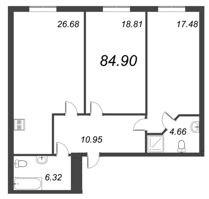 3-комнатная (Евро) квартира, 84.9 м² - планировка, фото №1