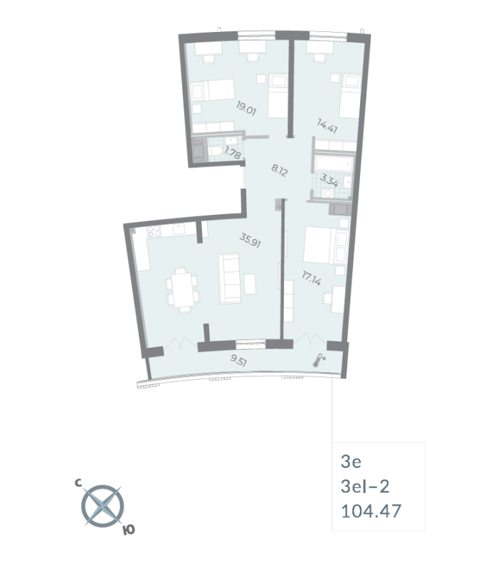 4-комнатная (Евро) квартира, 103.9 м² в ЖК "Морская набережная. SeaView" - планировка, фото №1