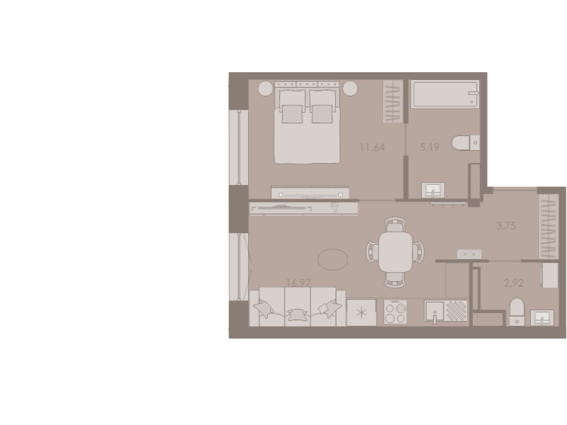 2-комнатная (Евро) квартира, 40.3 м² - планировка, фото №1