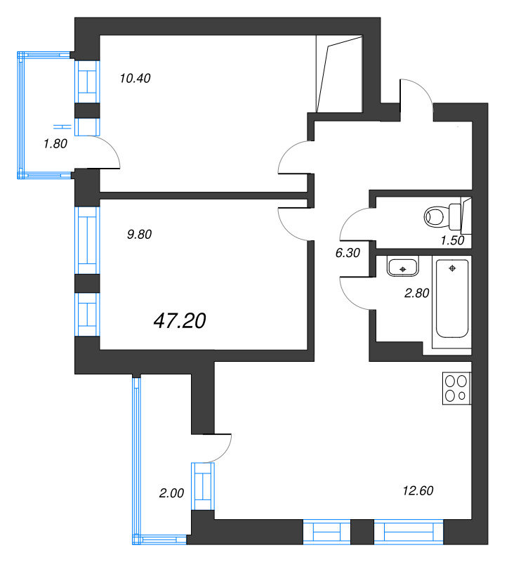 2-комнатная квартира, 44.5 м² в ЖК "Эко Квартал Нега" - планировка, фото №1