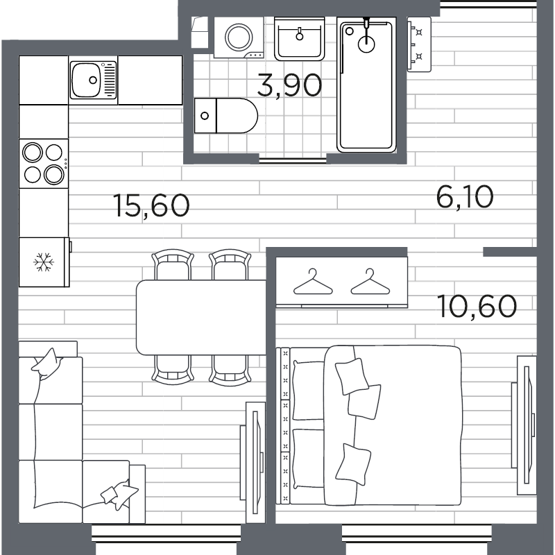 2-комнатная (Евро) квартира, 36.2 м² в ЖК "PLUS Пулковский" - планировка, фото №1