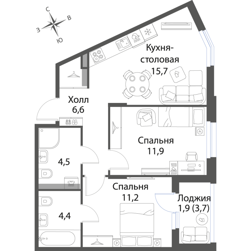 3-комнатная (Евро) квартира, 56.2 м² в ЖК "Экография" - планировка, фото №1
