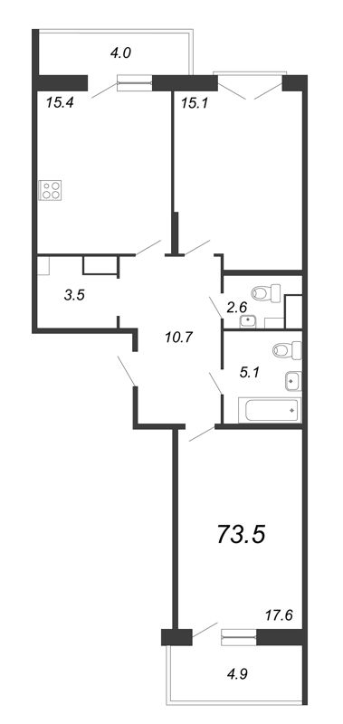 2-комнатная квартира, 75 м² - планировка, фото №1