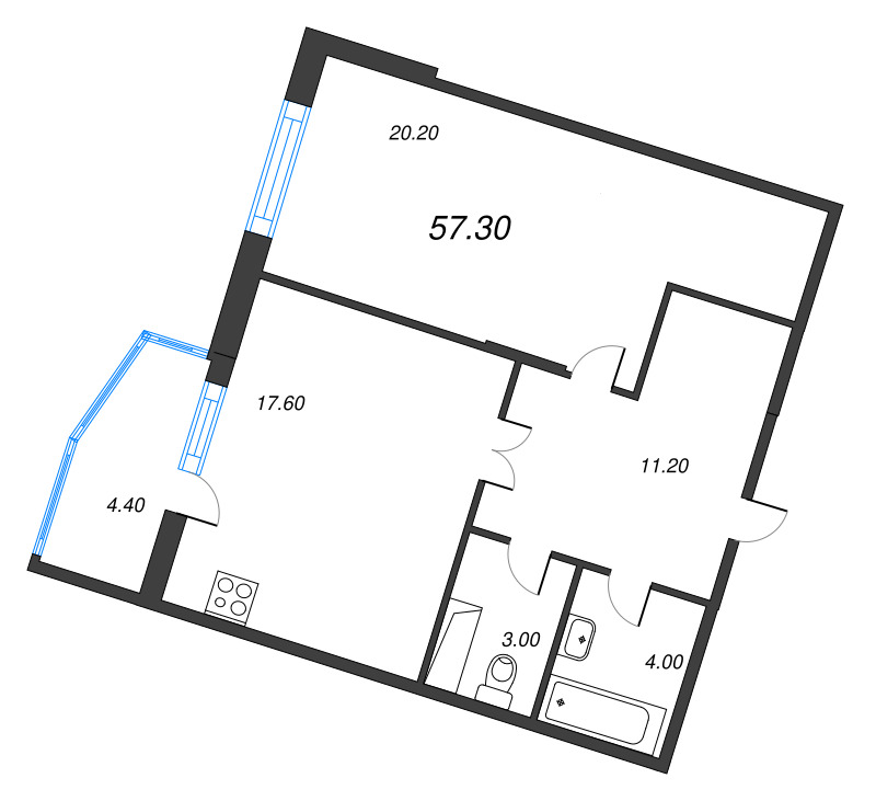 1-комнатная квартира, 57.3 м² - планировка, фото №1