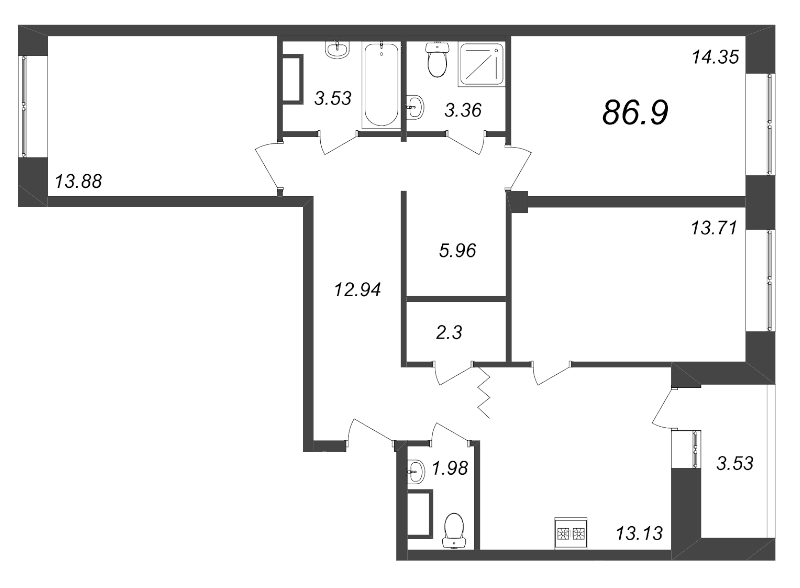 3-комнатная квартира, 86.9 м² - планировка, фото №1