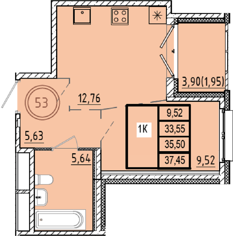 1-комнатная квартира, 33.55 м² в ЖК "Образцовый квартал 9.1" - планировка, фото №1