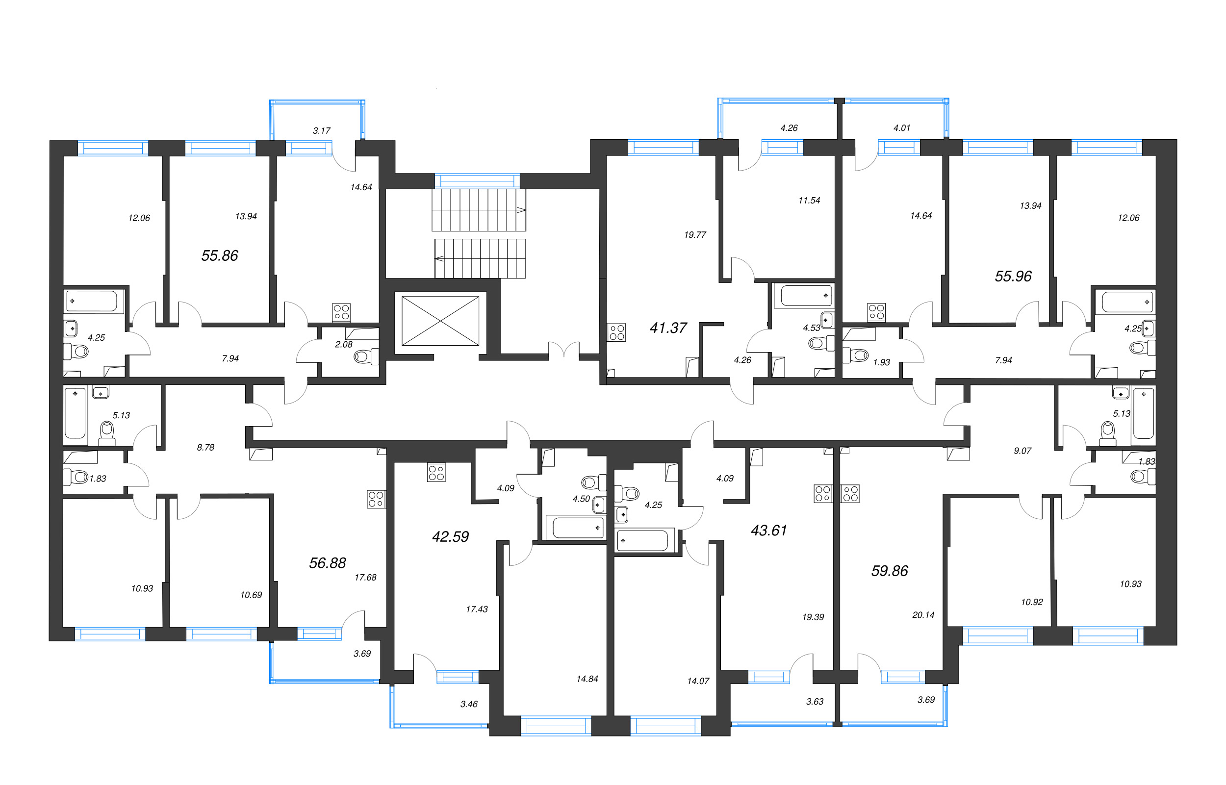 3-комнатная (Евро) квартира, 56.88 м² в ЖК "Охтинские высоты" - планировка этажа