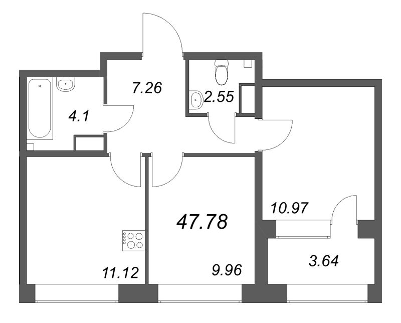 2-комнатная квартира, 47.78 м² в ЖК "Аквилон Солар Парк" - планировка, фото №1