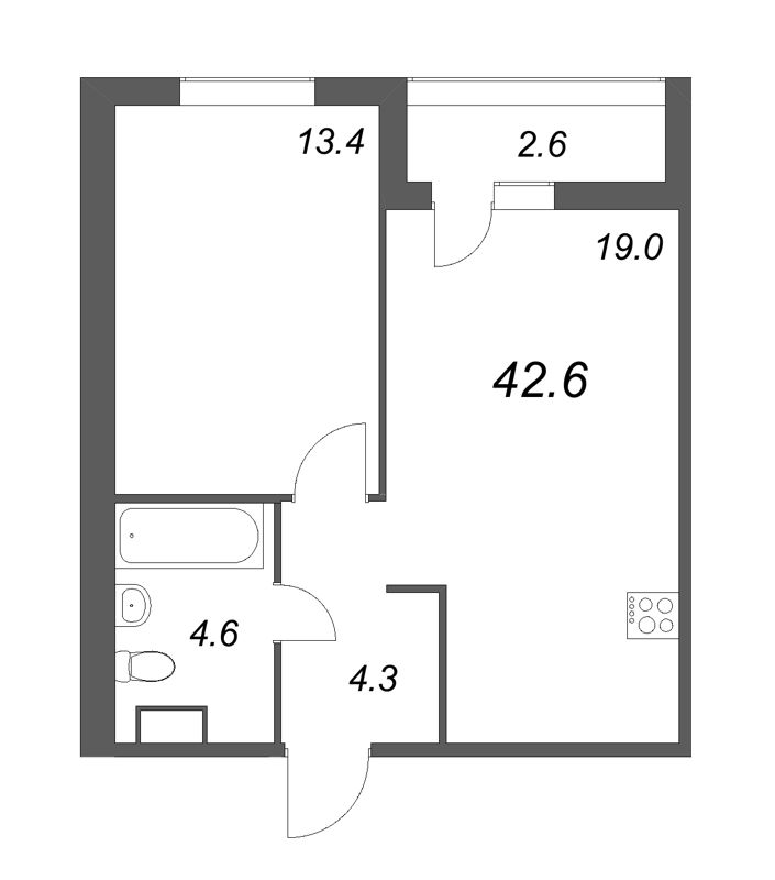 2-комнатная (Евро) квартира, 42.8 м² в ЖК "Дзета" - планировка, фото №1