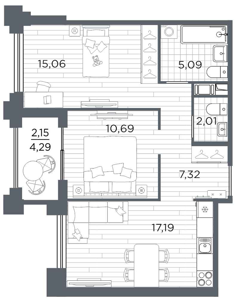 3-комнатная (Евро) квартира, 59.51 м² в ЖК "Ассамблея" - планировка, фото №1