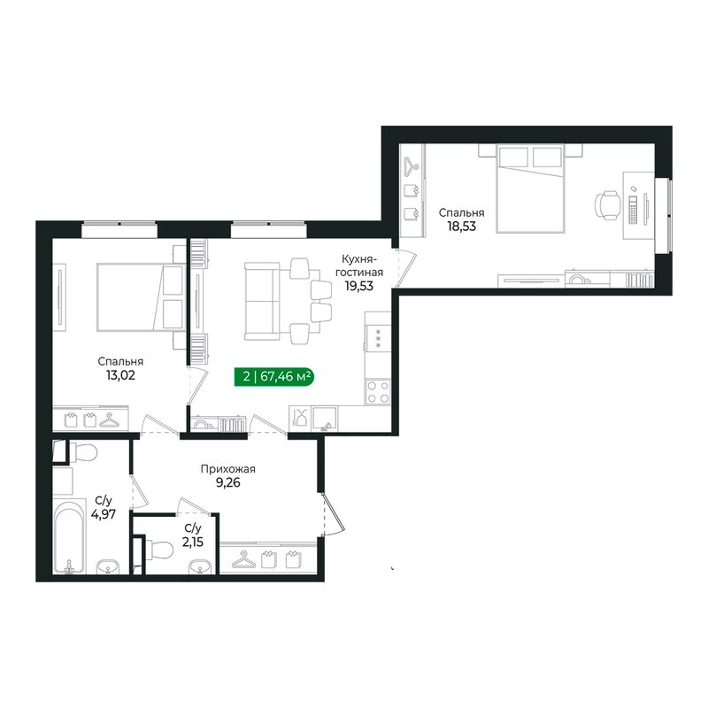 3-комнатная (Евро) квартира, 67.4 м² в ЖК "Сертолово Парк" - планировка, фото №1