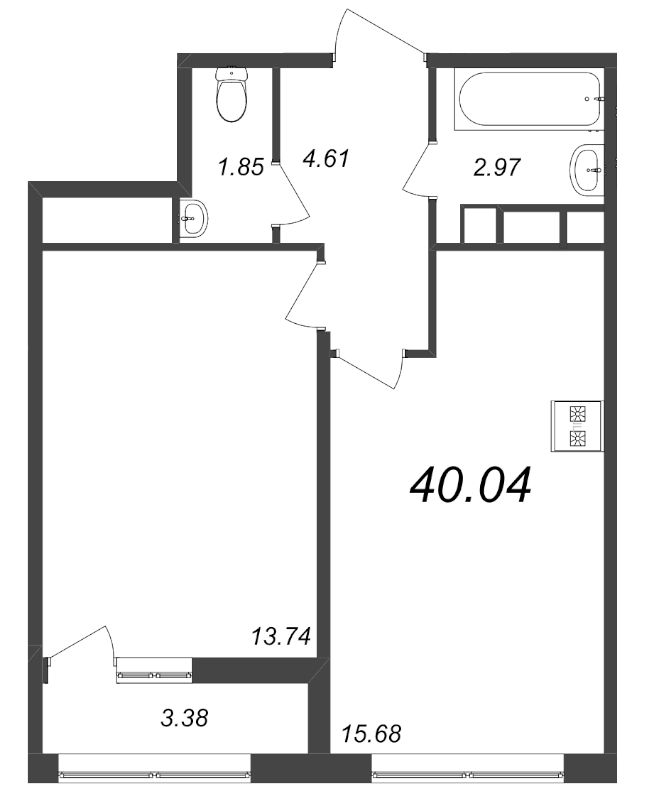 2-комнатная (Евро) квартира, 40.04 м² - планировка, фото №1