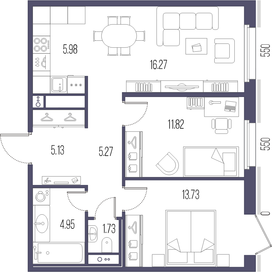 3-комнатная (Евро) квартира, 64.88 м² в ЖК "Большой Сампсониевский, 32" - планировка, фото №1