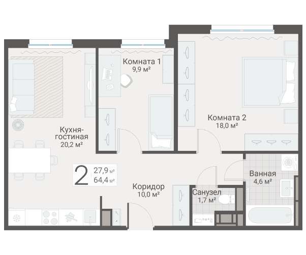 3-комнатная (Евро) квартира, 64.4 м² в ЖК "Руднева 15" - планировка, фото №1