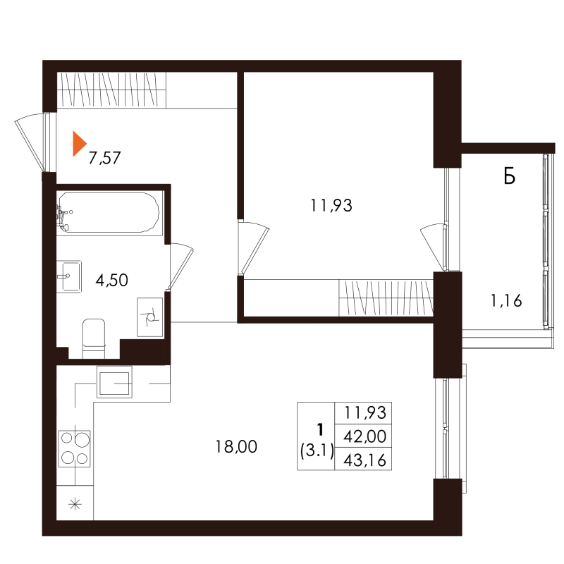 2-комнатная (Евро) квартира, 43.16 м² в ЖК "Лисино" - планировка, фото №1