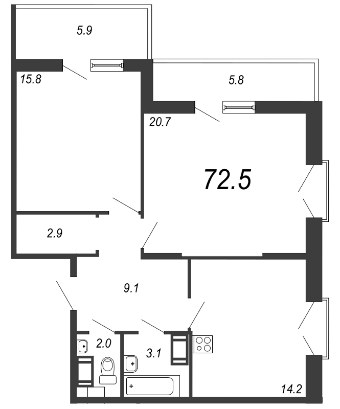 2-комнатная квартира, 72.8 м² - планировка, фото №1
