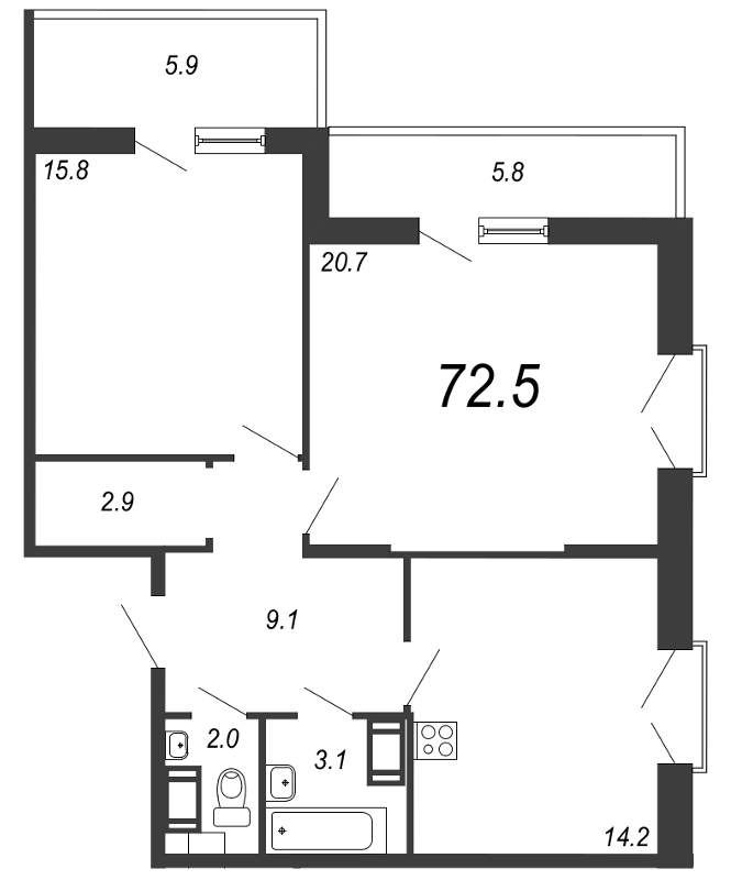 2-комнатная квартира, 72.7 м² - планировка, фото №1