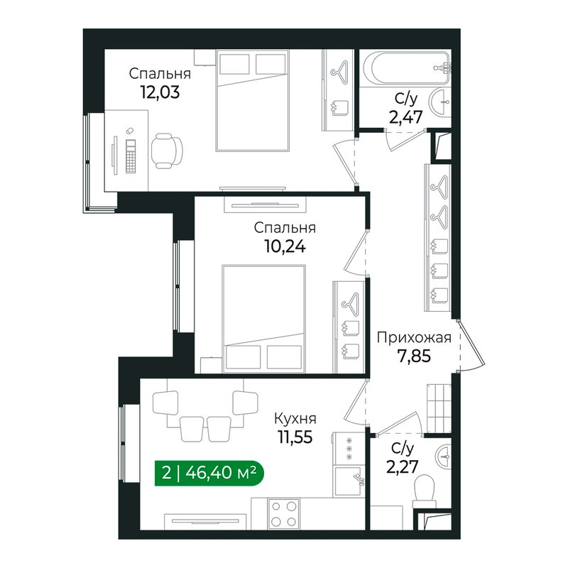 2-комнатная квартира, 46.4 м² в ЖК "Сертолово Парк" - планировка, фото №1