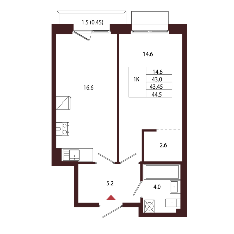 2-комнатная (Евро) квартира, 43.45 м² в ЖК "Лисино" - планировка, фото №1