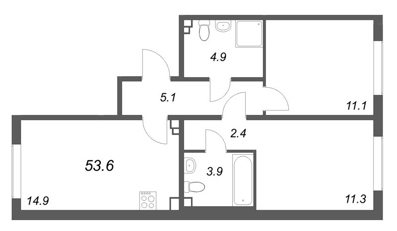 2-комнатная квартира, 53.6 м² в ЖК "Пулково Lake" - планировка, фото №1