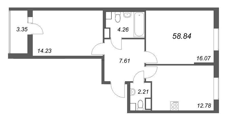 2-комнатная квартира, 58.84 м² в ЖК "Кинопарк" - планировка, фото №1