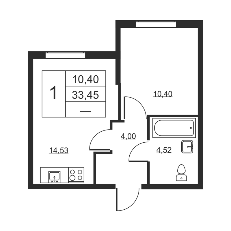 1-комнатная квартира, 33.45 м² в ЖК "Высота" - планировка, фото №1