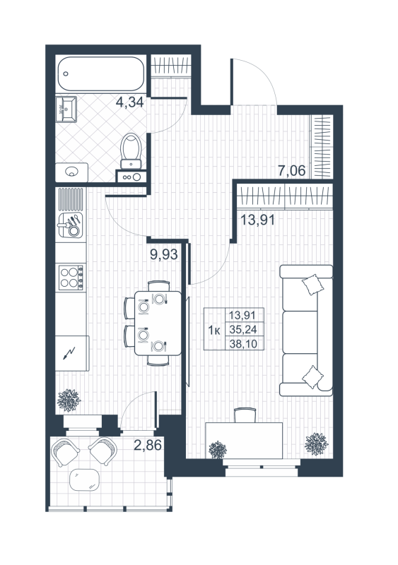 1-комнатная квартира, 36.67 м² в ЖК "Ново-Антропшино" - планировка, фото №1
