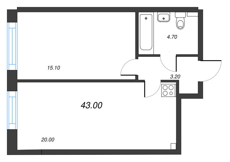 2-комнатная (Евро) квартира, 43 м² - планировка, фото №1