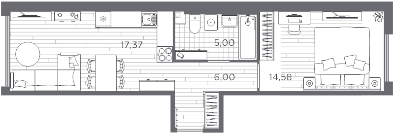 2-комнатная (Евро) квартира, 42.95 м² в ЖК "PLUS Пулковский" - планировка, фото №1
