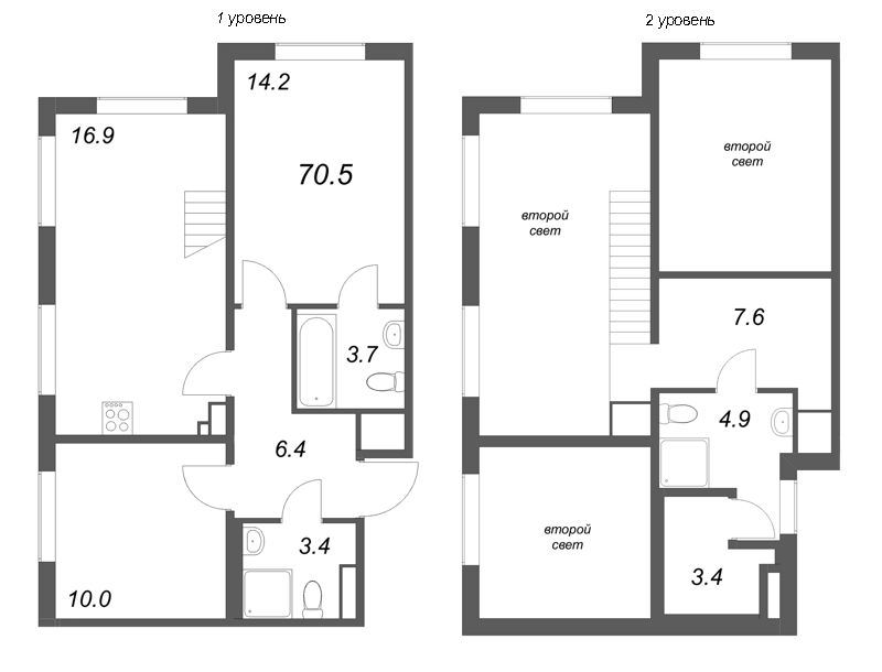 3-комнатная (Евро) квартира, 70.5 м² в ЖК "Пулково Лейк" - планировка, фото №1