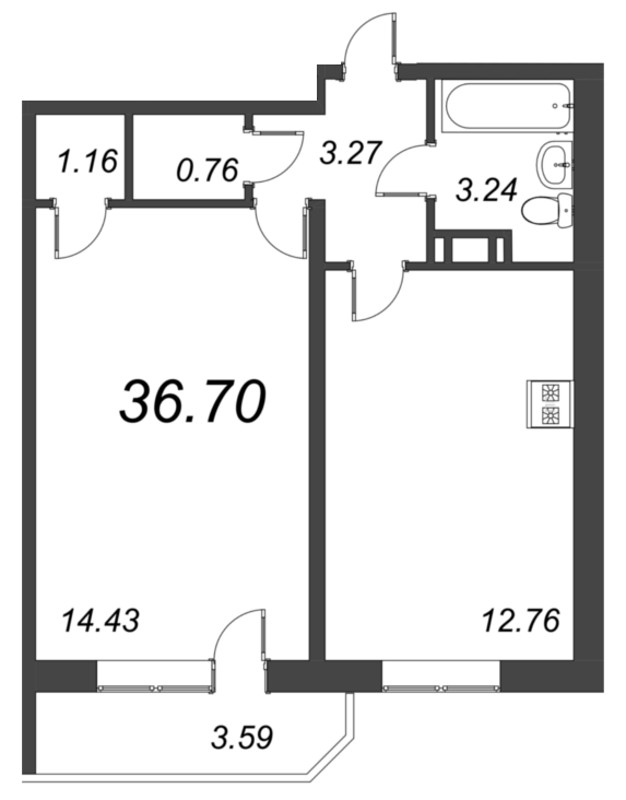 1-комнатная квартира, 36.7 м² - планировка, фото №1