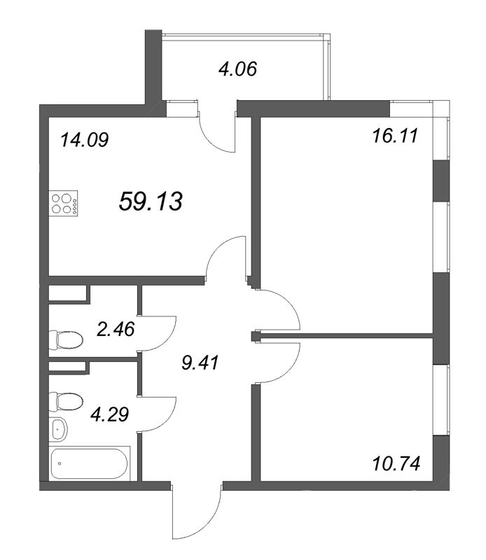 2-комнатная квартира, 59.13 м² в ЖК "Новая история" - планировка, фото №1