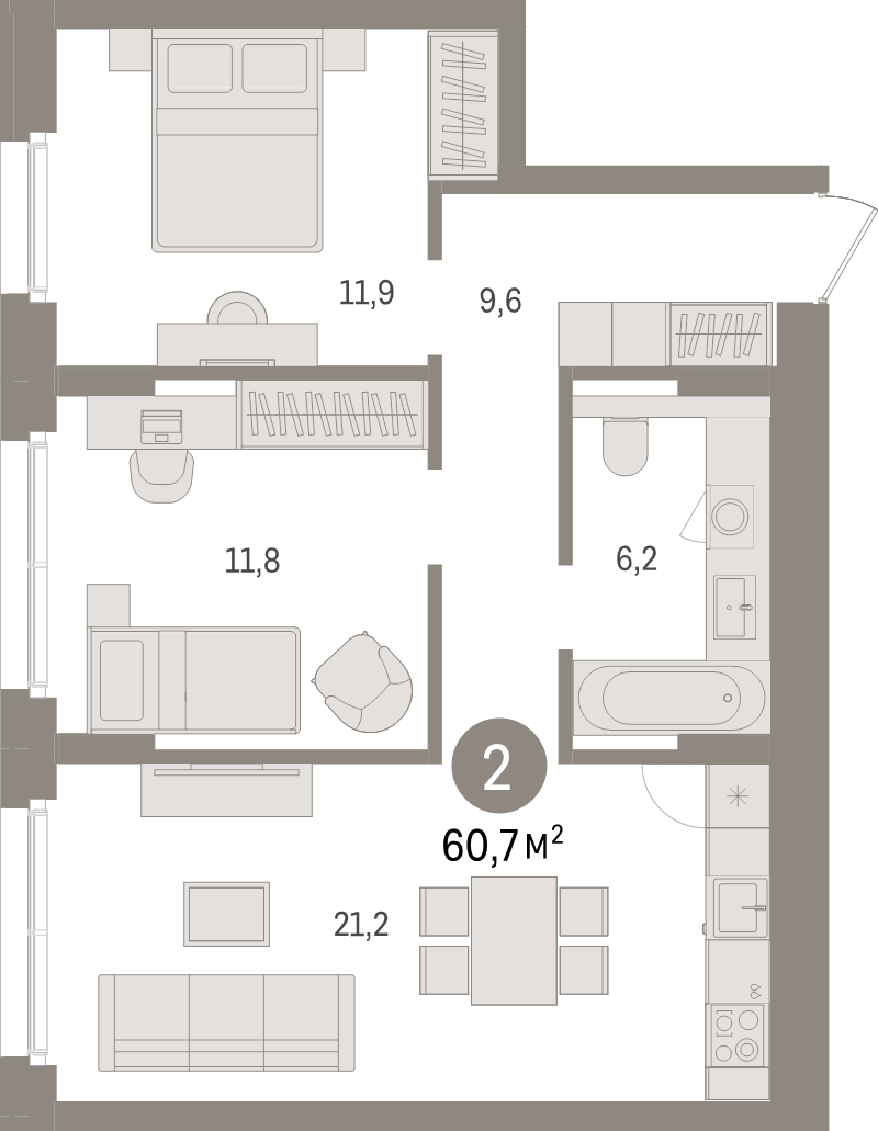 3-комнатная (Евро) квартира, 60.7 м² в ЖК "Брусника в Новоселье" - планировка, фото №1