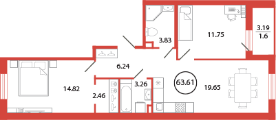 3-комнатная (Евро) квартира, 63.61 м² в ЖК "Энфилд" - планировка, фото №1