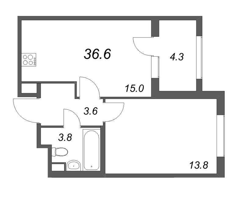 2-комнатная (Евро) квартира, 36.6 м² в ЖК "ЮгТаун" - планировка, фото №1