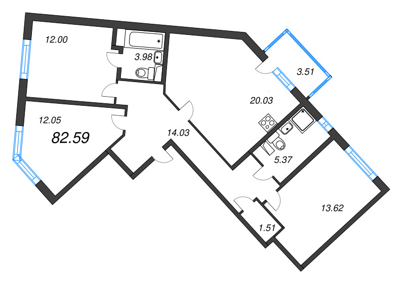 4-комнатная (Евро) квартира, 82.59 м² в ЖК "ЮгТаун" - планировка, фото №1
