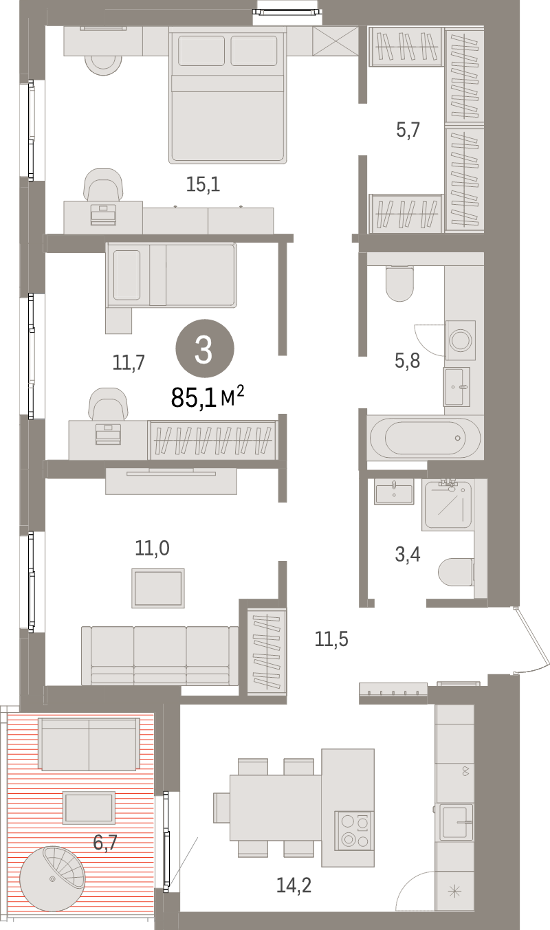 3-комнатная квартира, 85.1 м² в ЖК "Брусника в Новоселье" - планировка, фото №1