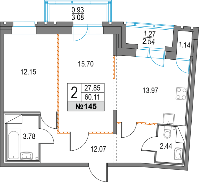 2-комнатная квартира, 60.11 м² - планировка, фото №1