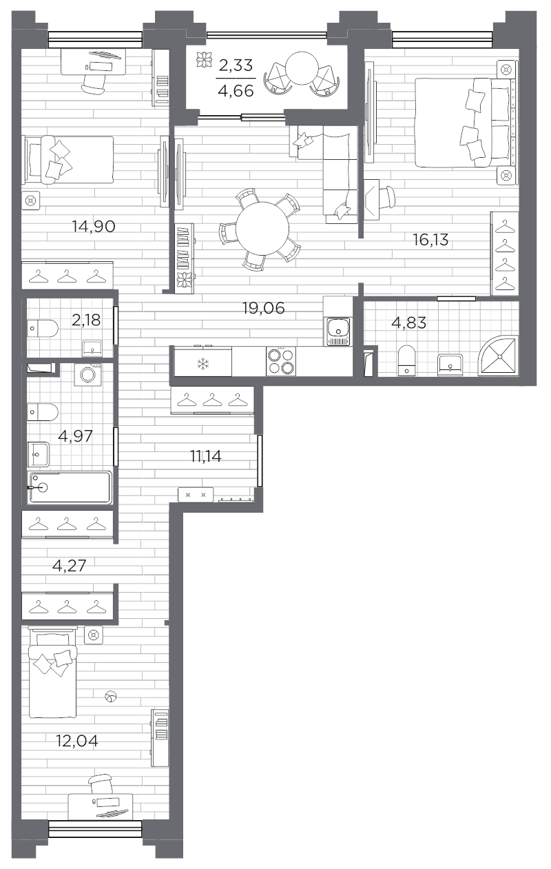 4-комнатная (Евро) квартира, 91.85 м² в ЖК "Ассамблея" - планировка, фото №1