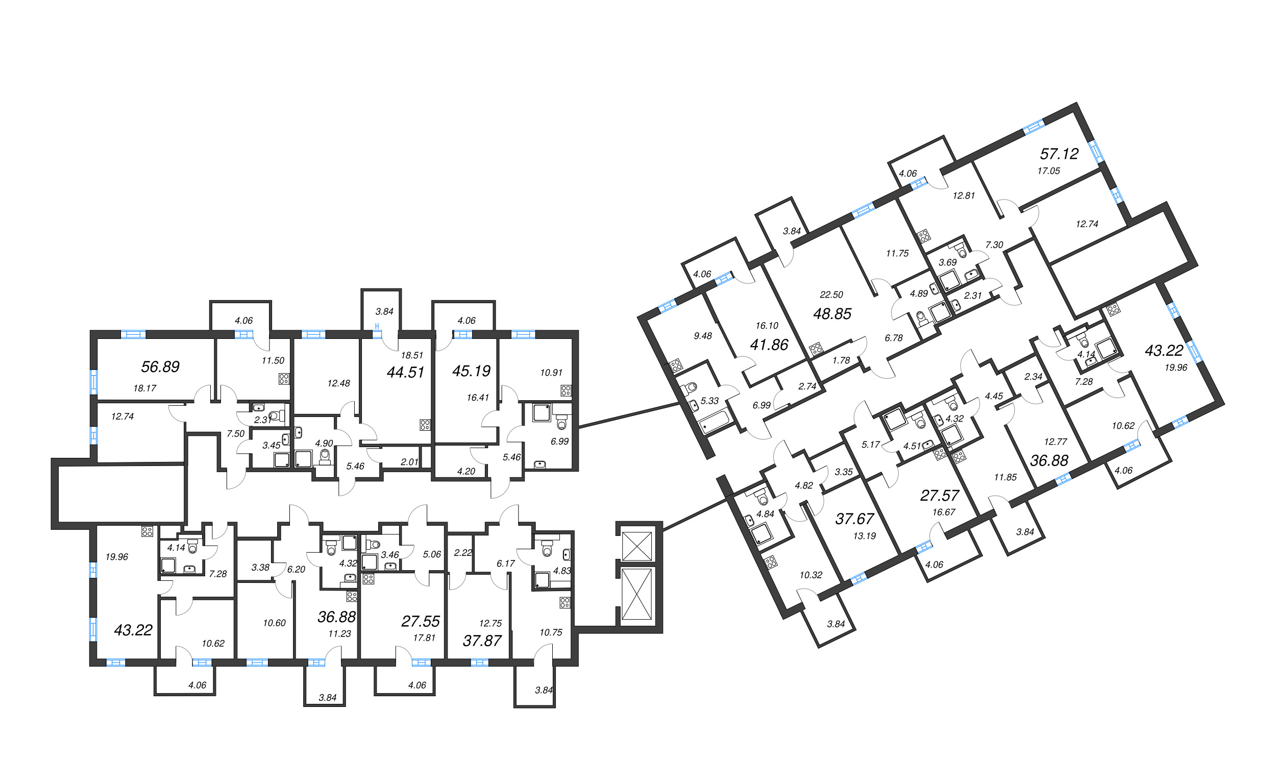 2-комнатная (Евро) квартира, 44.51 м² - планировка этажа