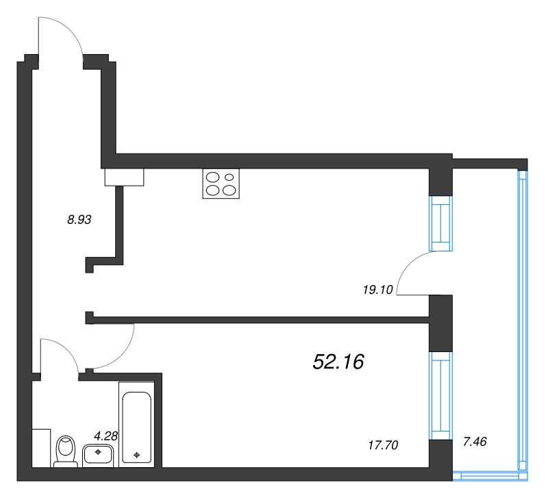 2-комнатная (Евро) квартира, 52.16 м² - планировка, фото №1