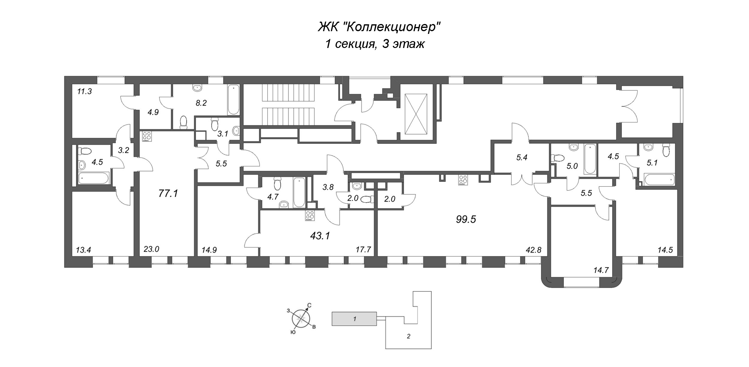 2-комнатная (Евро) квартира, 43.1 м² в ЖК "Коллекционер" - планировка этажа