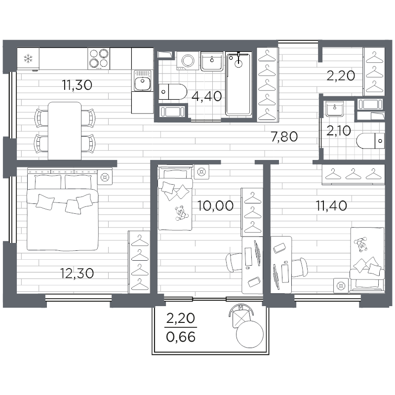 3-комнатная квартира, 61.86 м² в ЖК "Плюс Пулковский" - планировка, фото №1