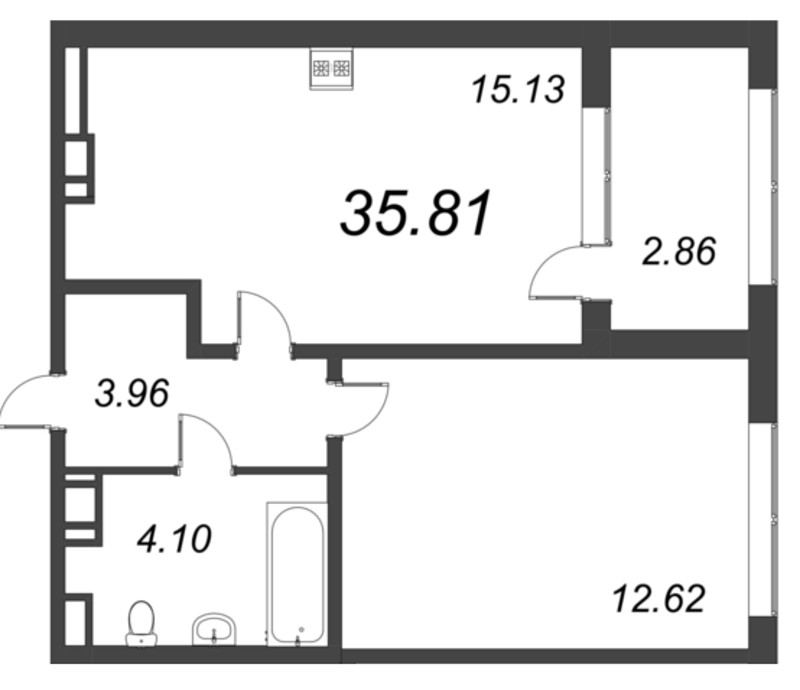 2-комнатная (Евро) квартира, 35.81 м² - планировка, фото №1