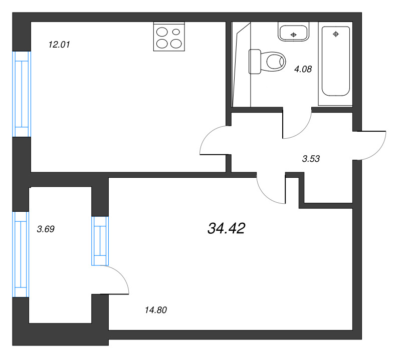 1-комнатная квартира, 34.42 м² в ЖК "Дубровский" - планировка, фото №1