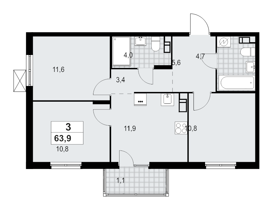 3-комнатная квартира, 63.88 м² - планировка, фото №1